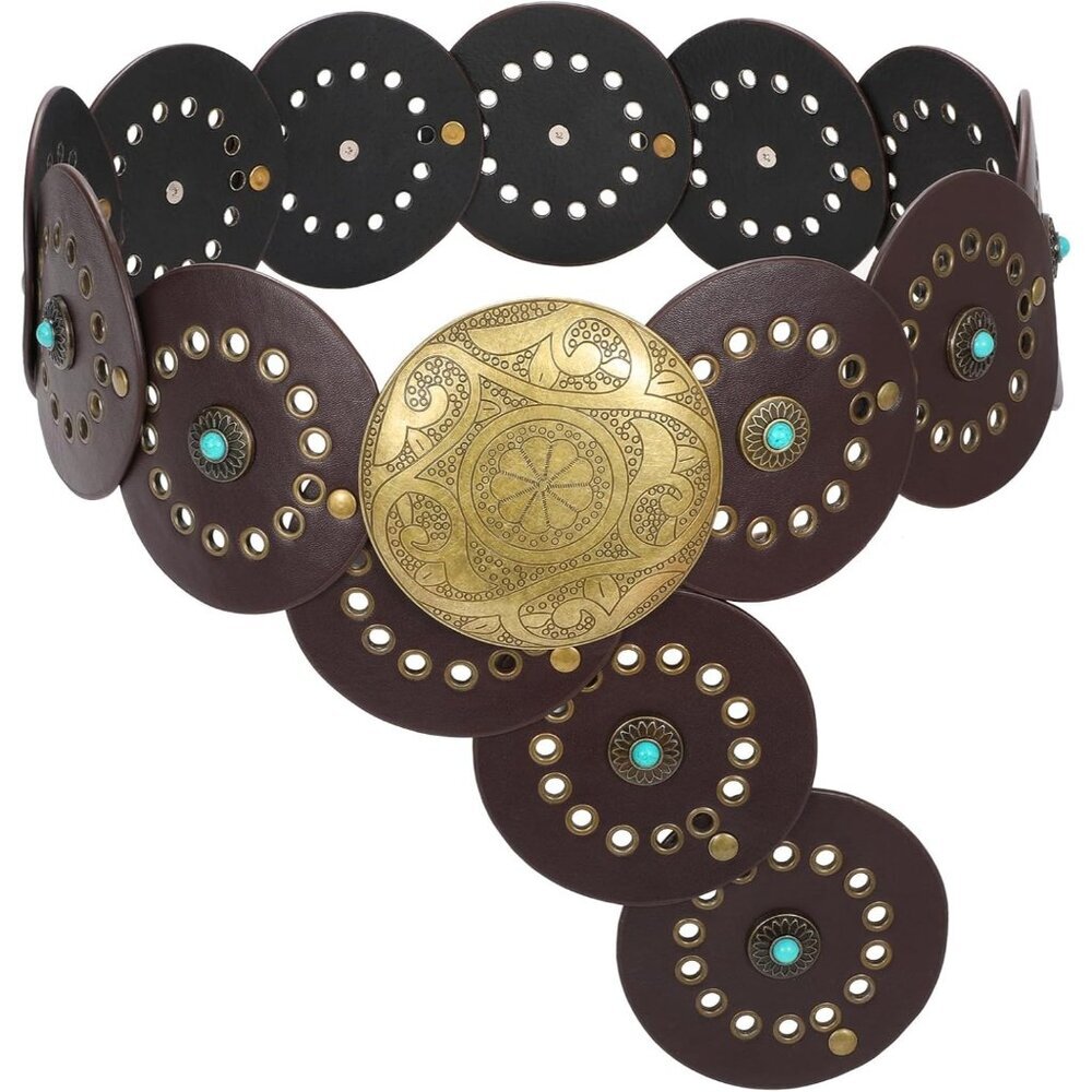 Woman's Western PU Leather Belt Concho Disc Wide Waist Belt Coffee Bronze Buckle
